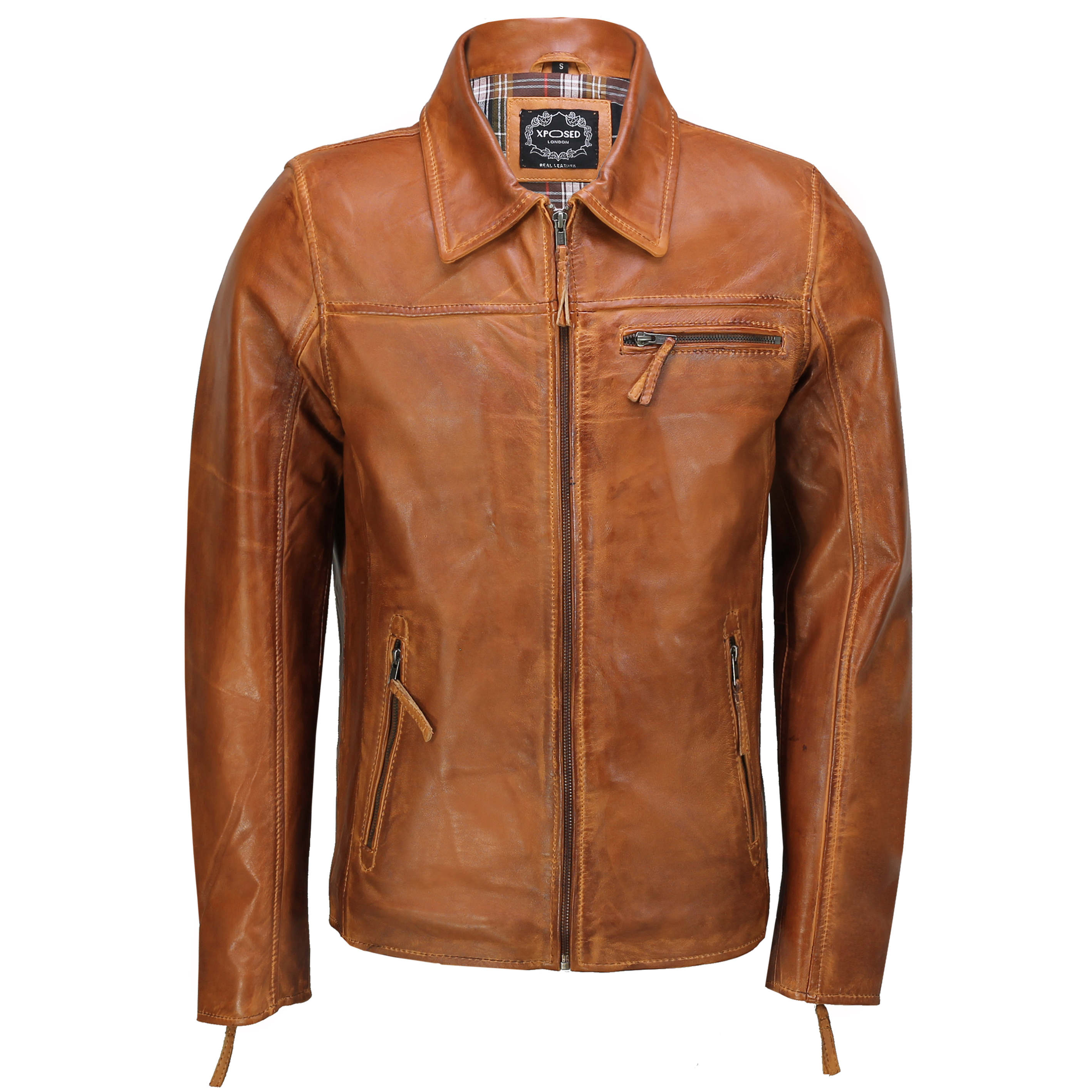 Mens Real Leather Jacket Classic Collar Retro Zip Up Biker Style 